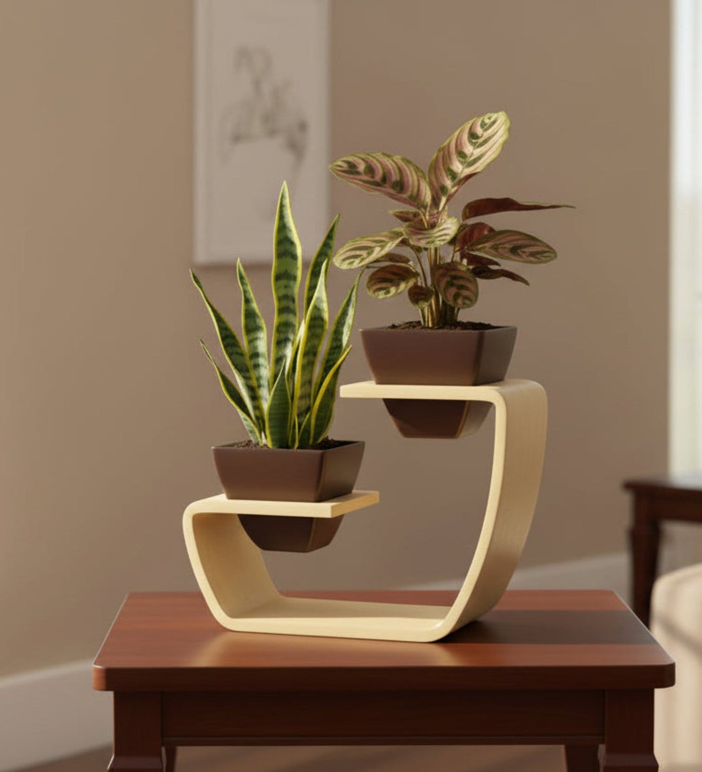 Aries Duo Artistic Curved Planter Stand With Dark Brown Twin Pots (Set of 2)