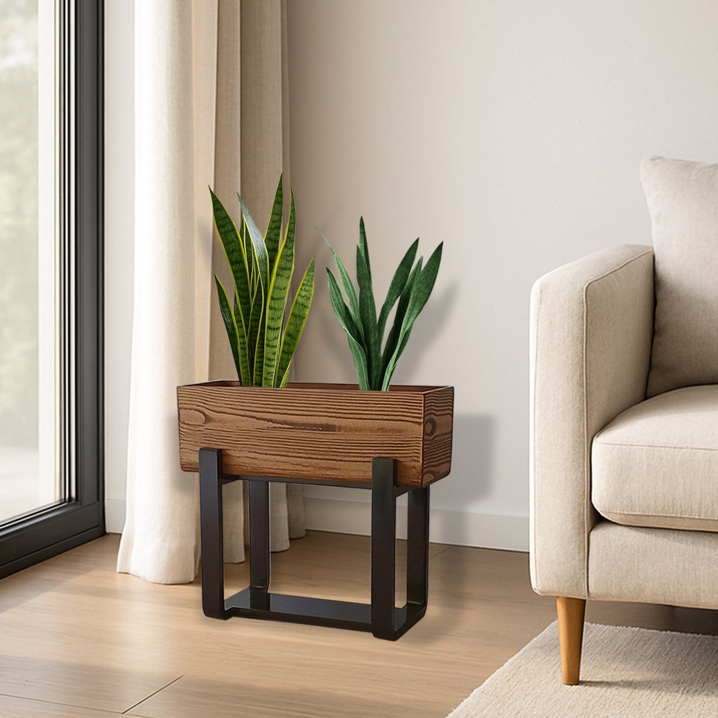 Forest Bark Rectangular Floor Planter Box With Curved Stand