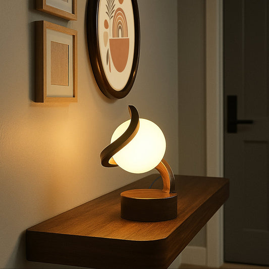 Luna Curve Artistic Wooden Table Bedside Globe Lamp