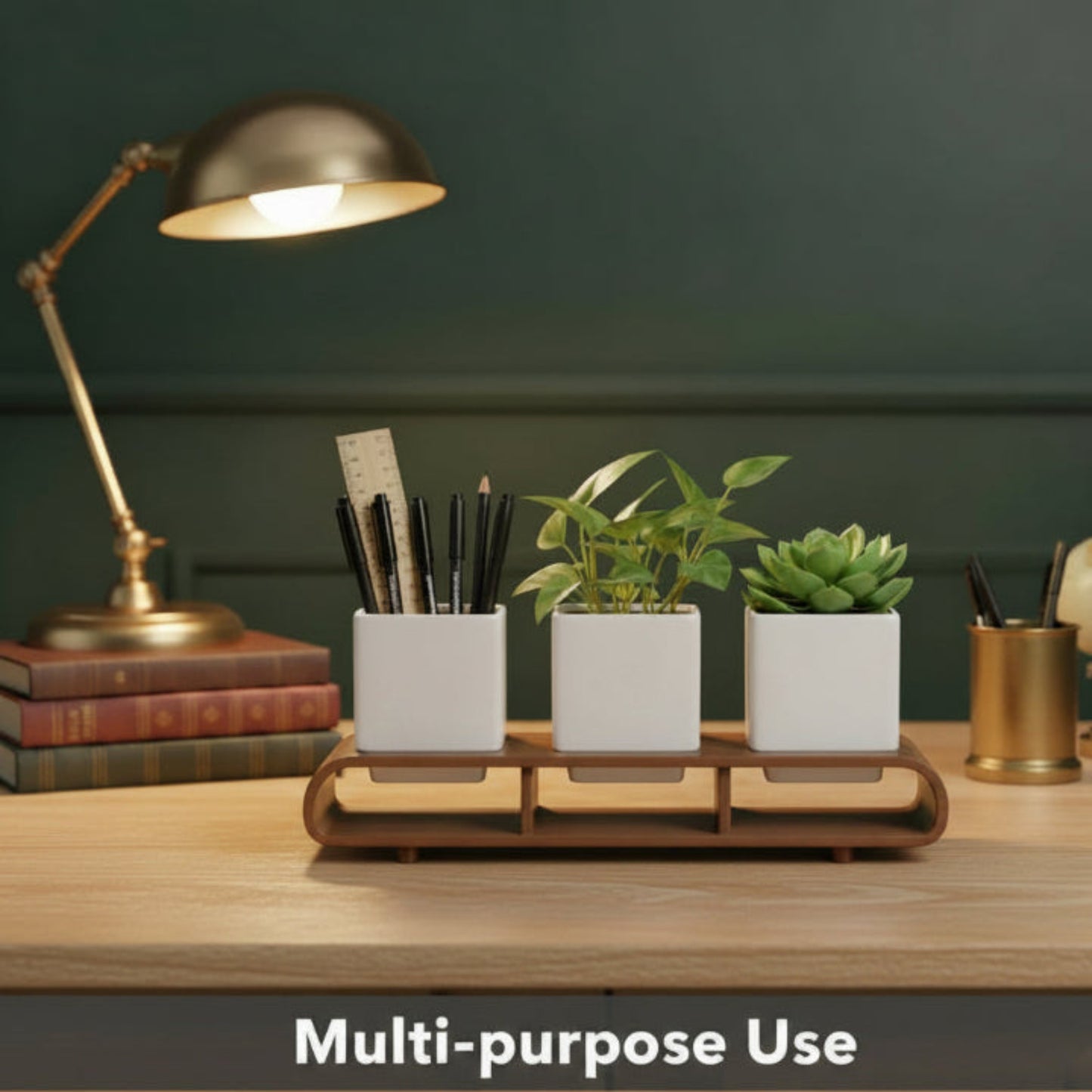 Trio Square White Curved Decorative Planter Set And Desk Organizer