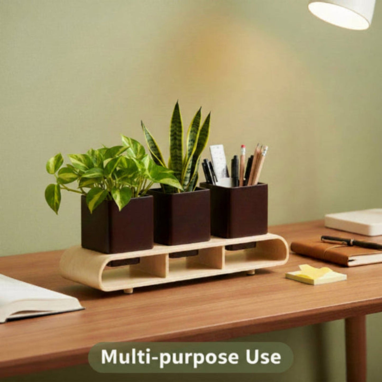 Trio Square Dark Brown Curved Decorative Planter Set And Desk Organizer