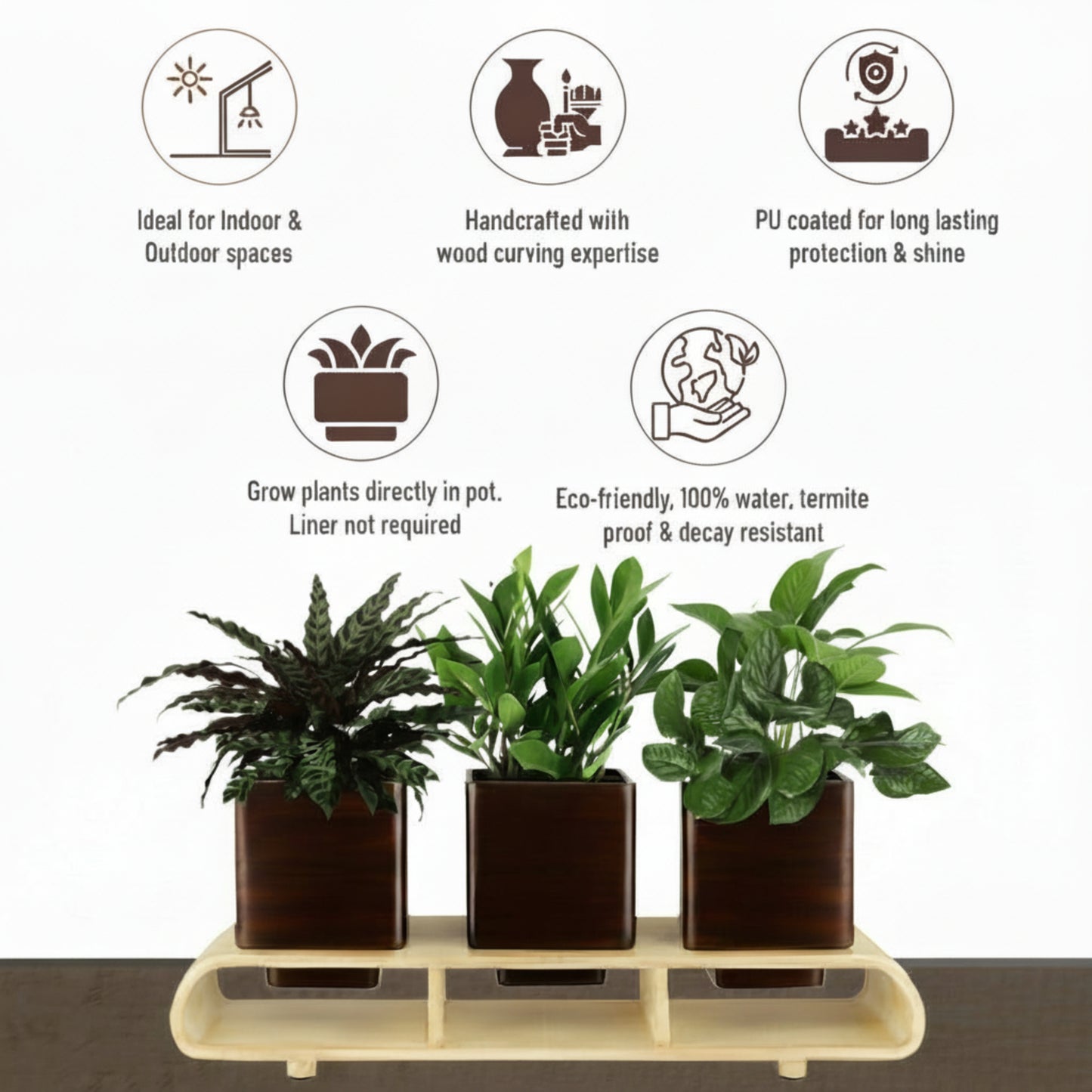 Trio Square Dark Brown Curved Decorative Planter Set And Desk Organizer