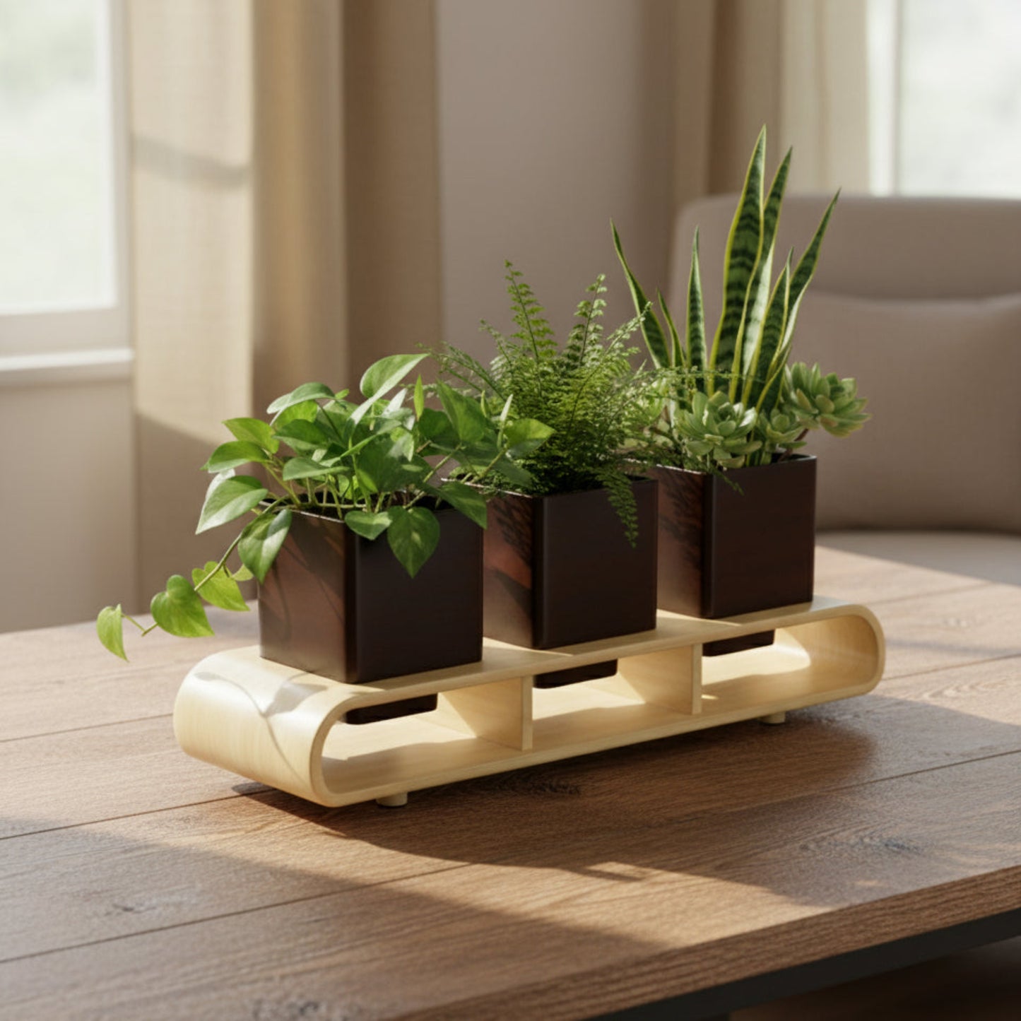 Trio Square Dark Brown Curved Decorative Planter Set And Desk Organizer