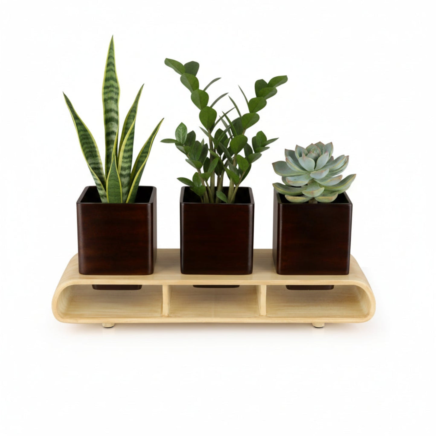 Trio Square Dark Brown Curved Decorative Planter Set And Desk Organizer