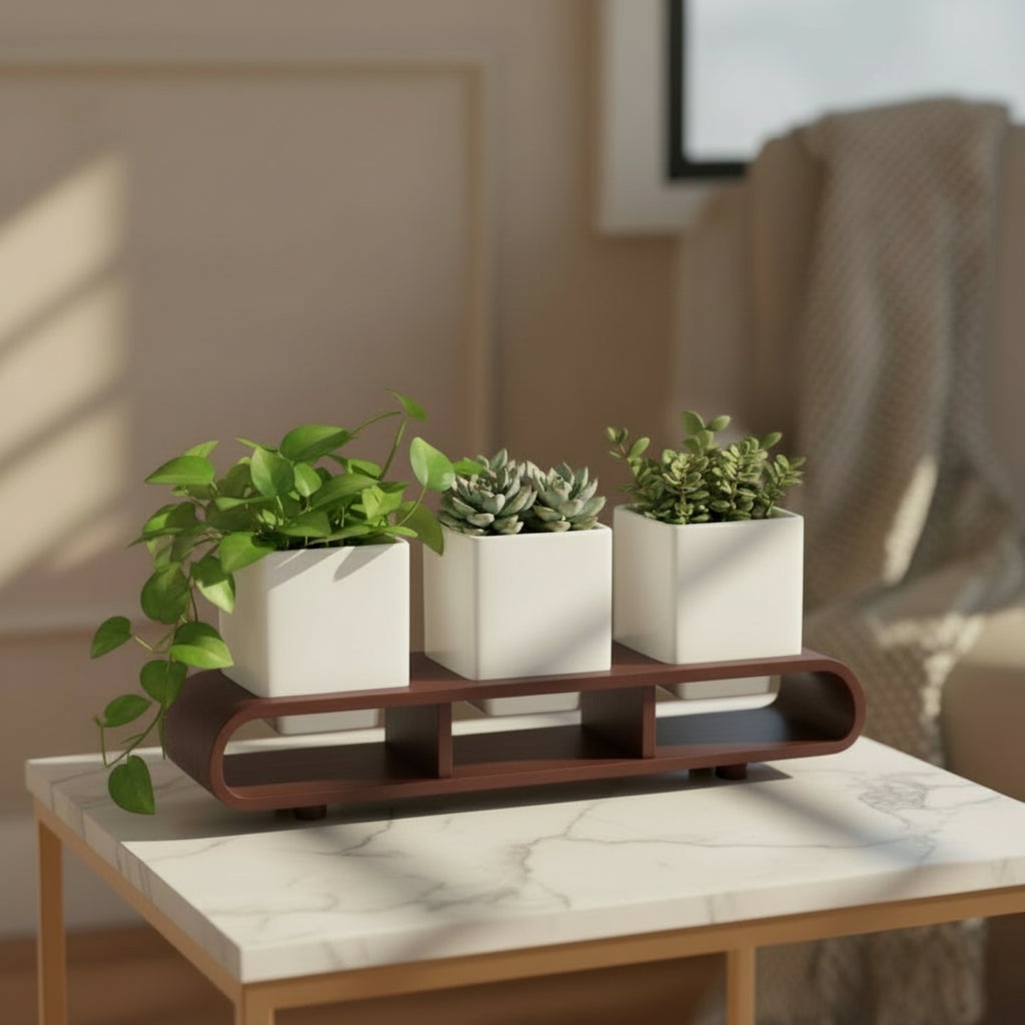 Trio Square White Curved Decorative Planter Set And Desk Organizer