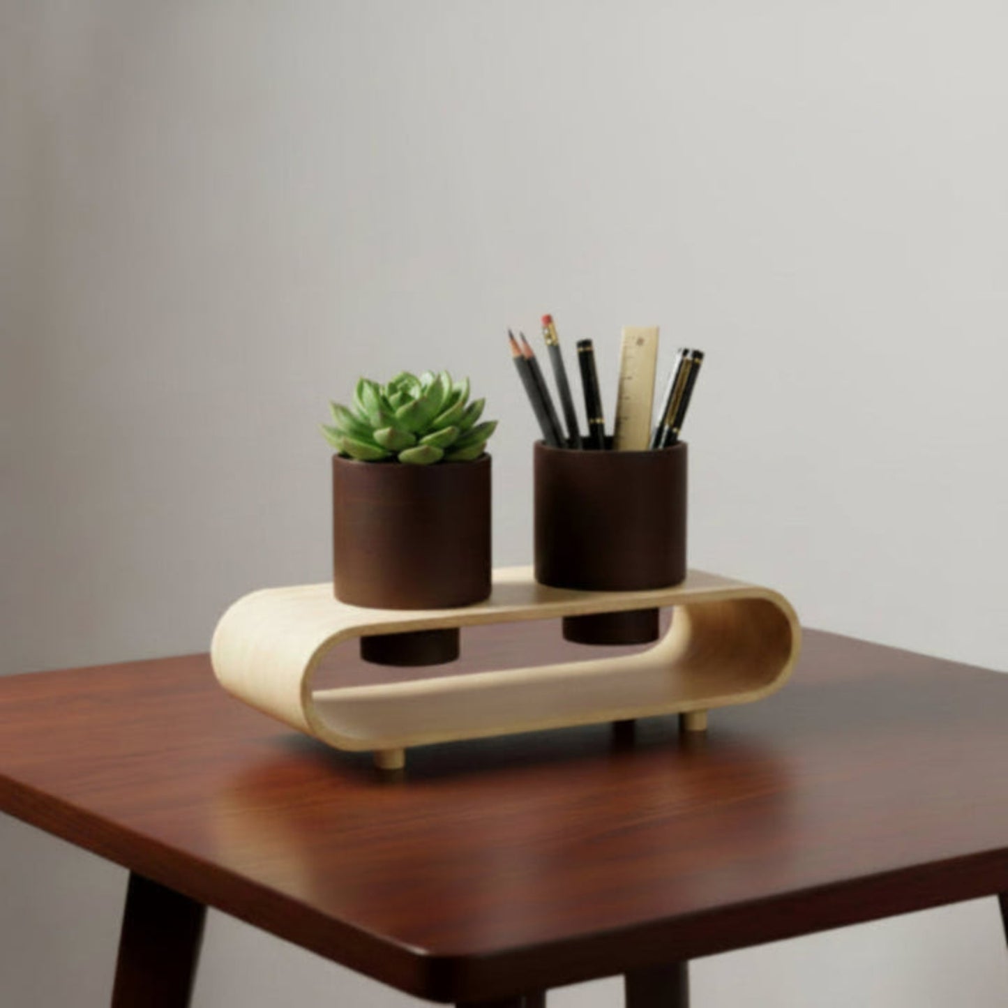 Twin Duo Dark Brown Round Plant Pot Set And Desk Organizer With Curved Stand