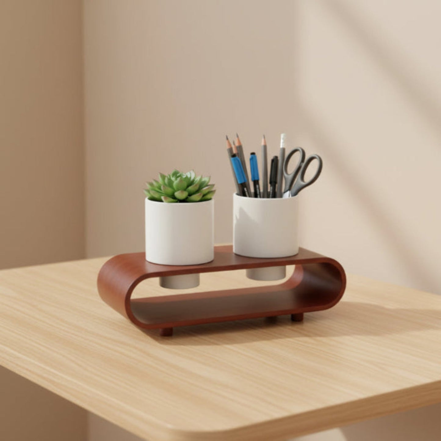 Twin Duo White Round Planter Pot Set And Desk Organizer With Curved Stand