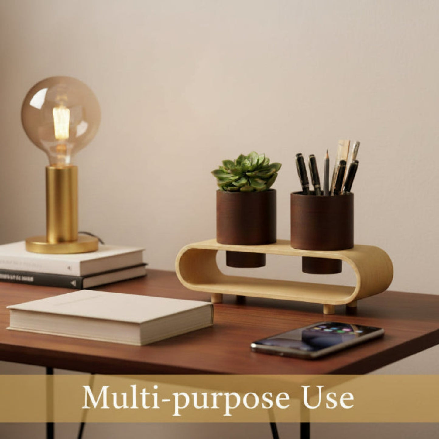 Twin Duo Dark Brown Round Plant Pot Set And Desk Organizer With Curved Stand