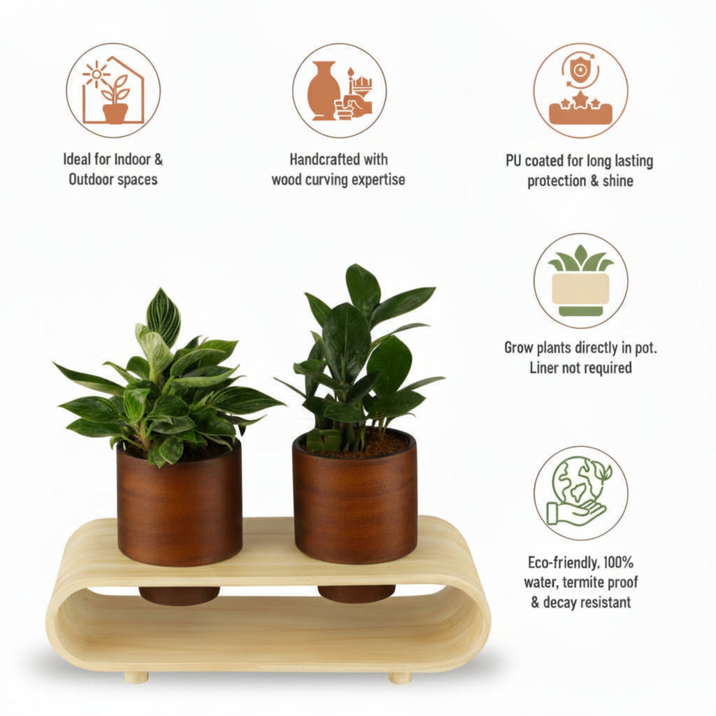 Twin Duo Dark Brown Round Plant Pot Set And Desk Organizer With Curved Stand