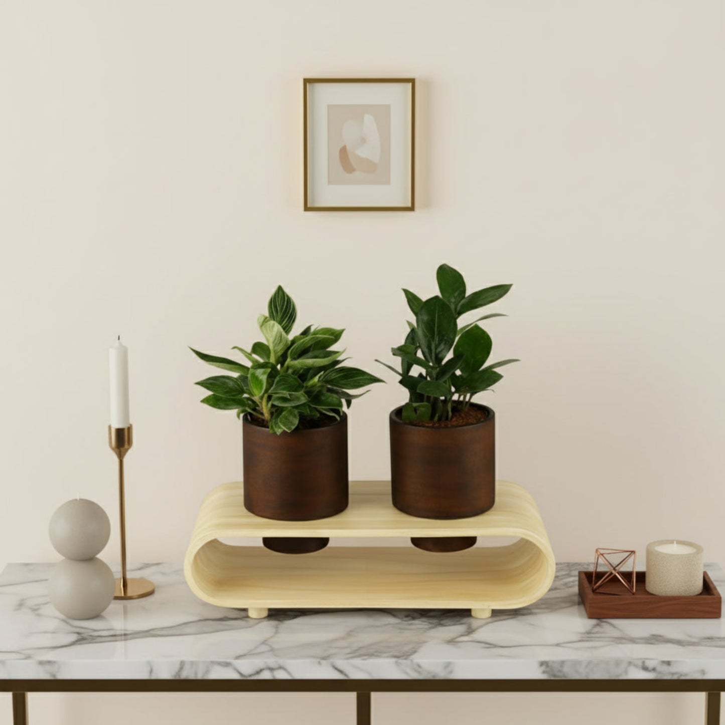 Twin Duo Dark Brown Round Plant Pot Set And Desk Organizer With Curved Stand