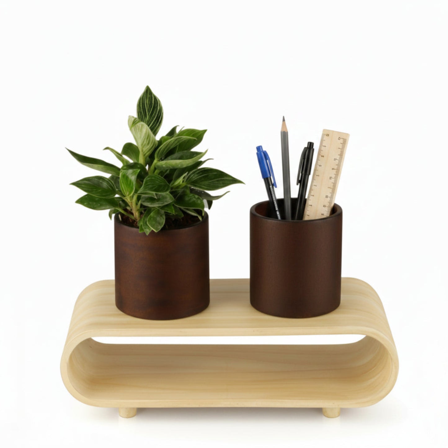Twin Duo Dark Brown Round Plant Pot Set And Desk Organizer With Curved Stand