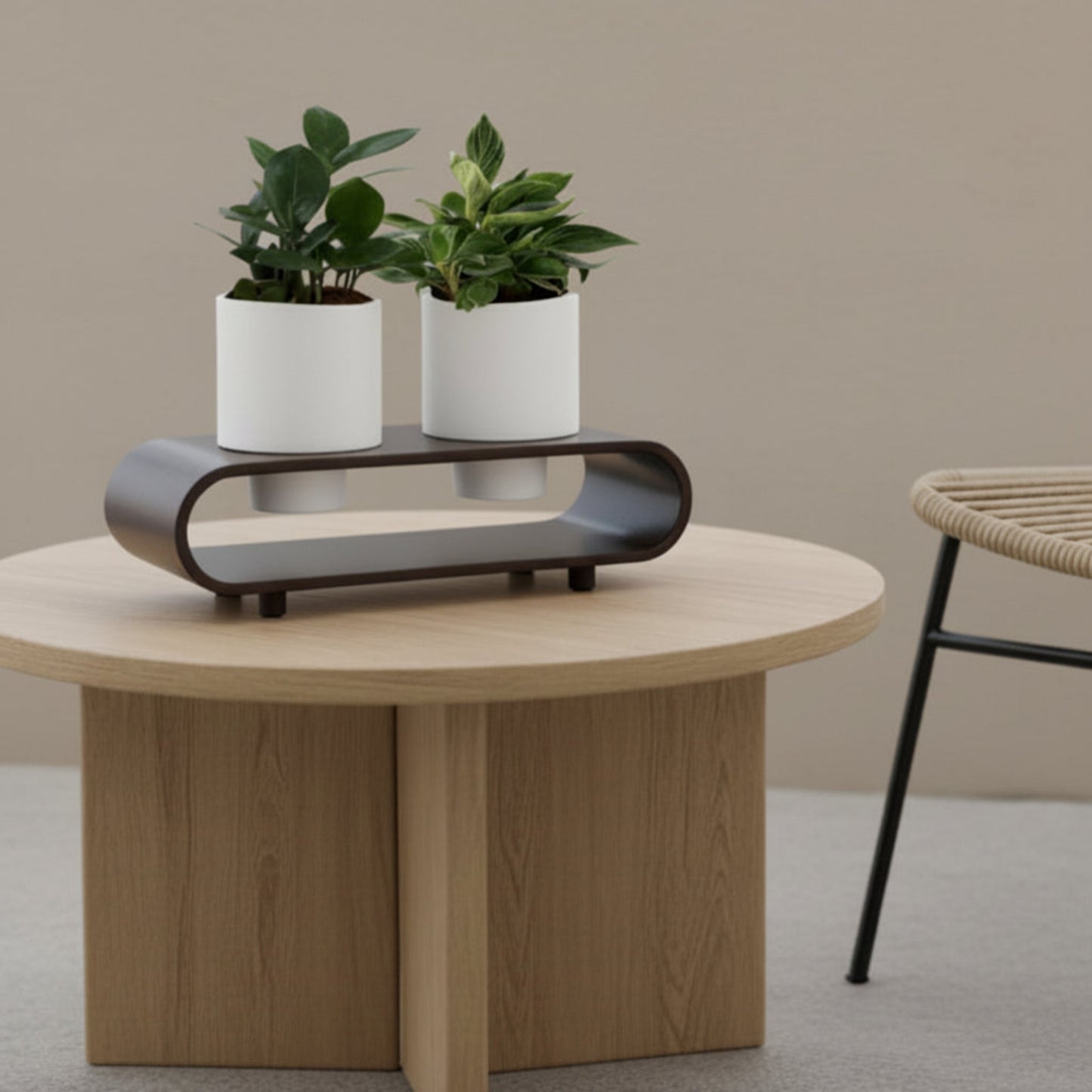 Twin Duo White Round Planter Pot Set And Desk Organizer With Curved Stand