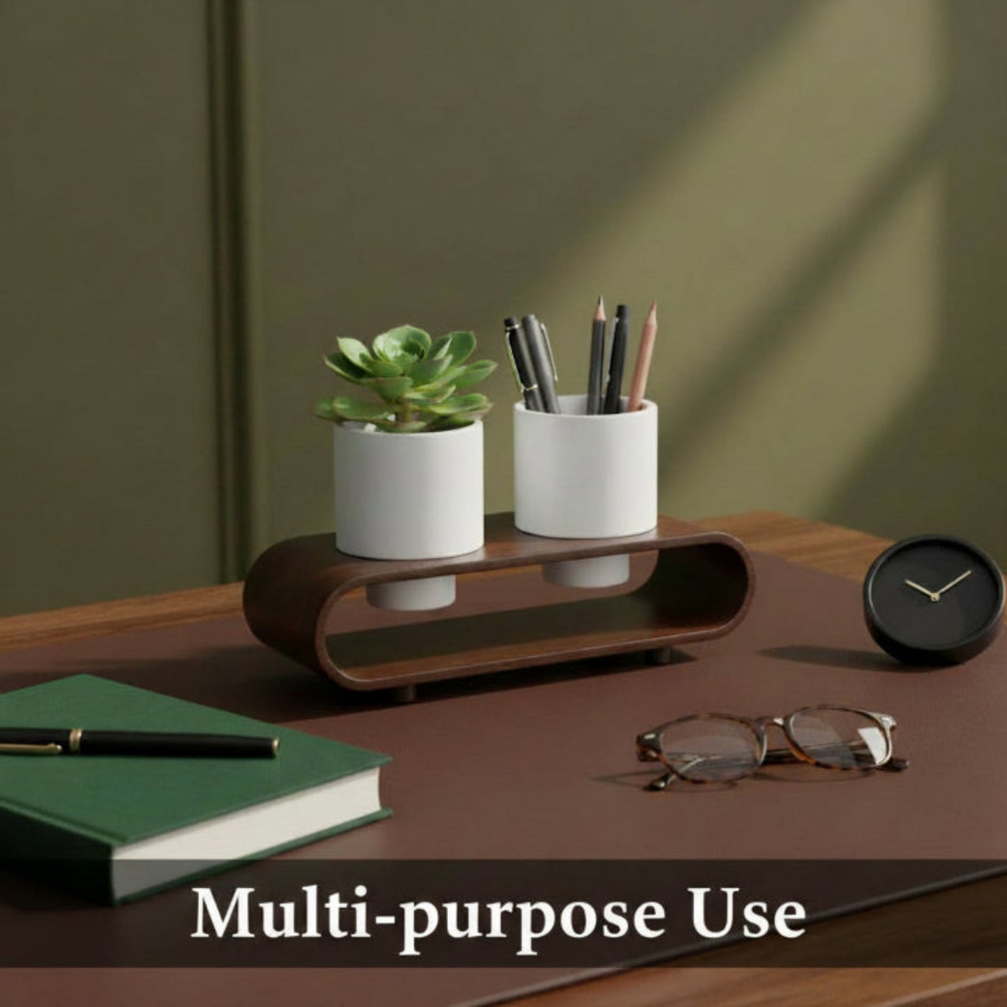 Twin Duo White Round Planter Pot Set And Desk Organizer With Curved Stand