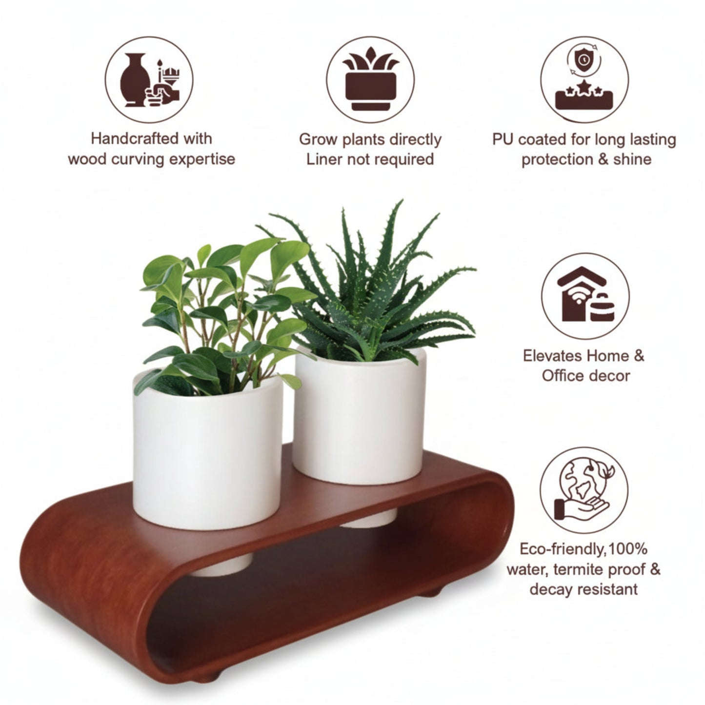 Twin Duo White Round Planter Pot Set And Desk Organizer With Curved Stand