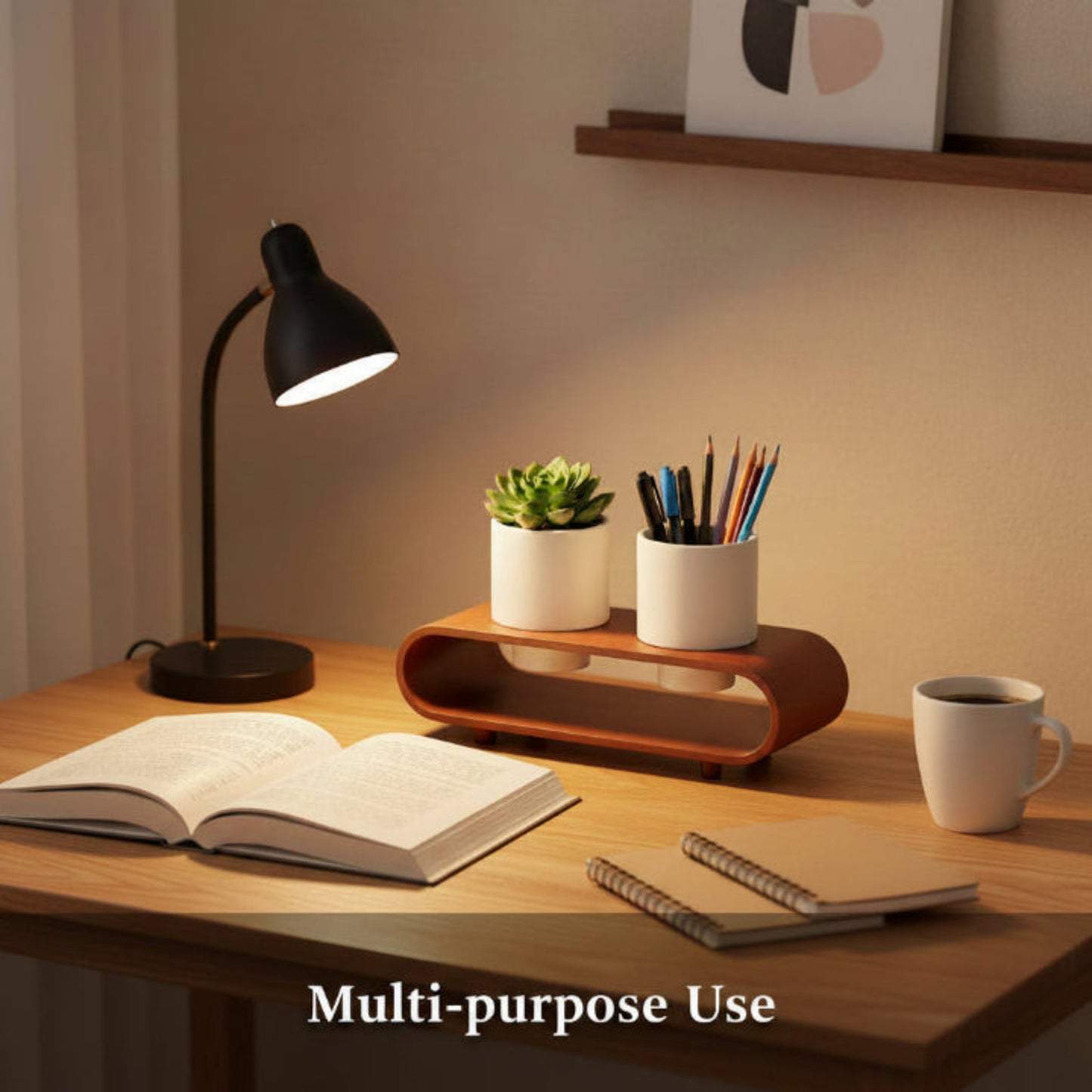 Twin Duo White Round Planter Pot Set And Desk Organizer With Curved Stand