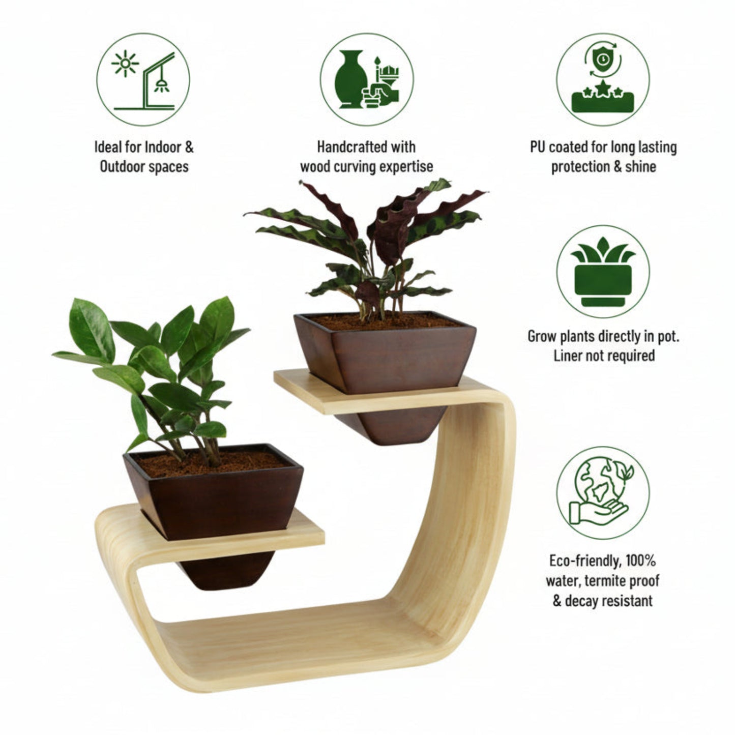 Aries Duo Artistic Curved Planter Stand With Dark Brown Twin Pots (Set of 2)