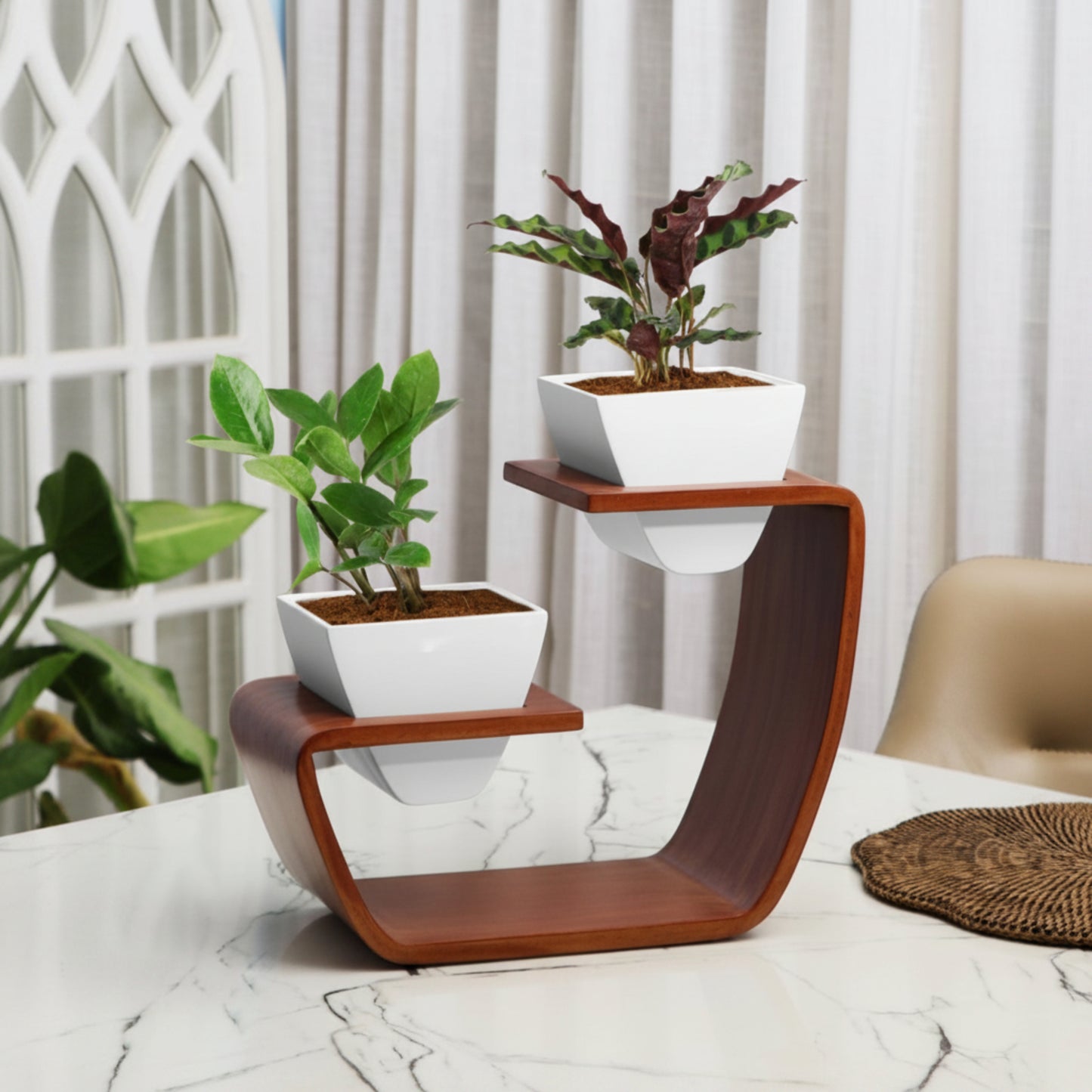Aries Duo Artistic Curved Planter Stand With White Twin Pots (Set of 2)