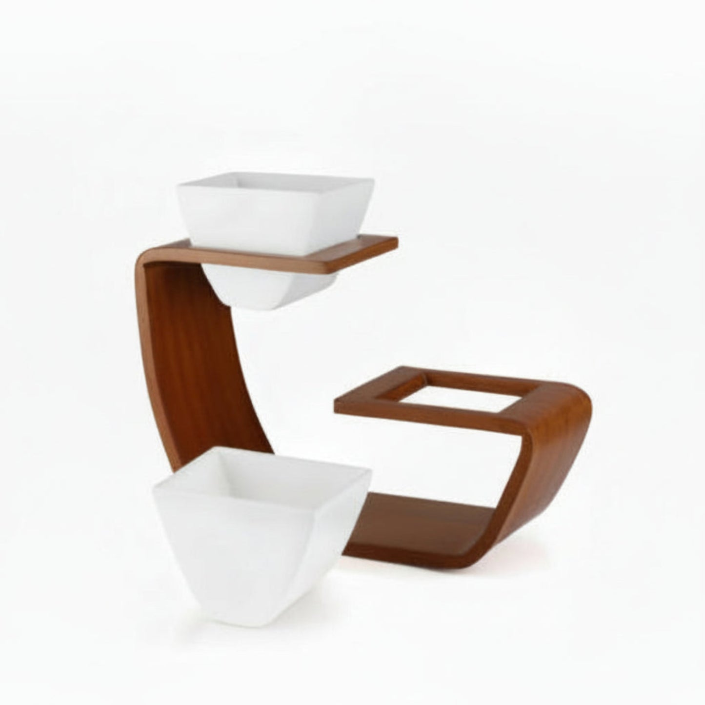 Aries Duo Artistic Curved Planter Stand With White Twin Pots (Set of 2)