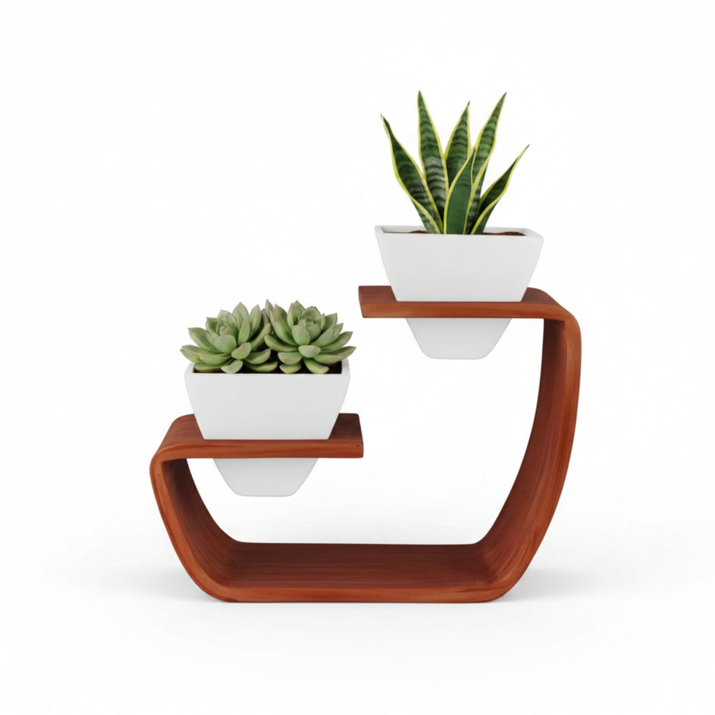 Aries Duo Artistic Curved Planter Stand With White Twin Pots (Set of 2)