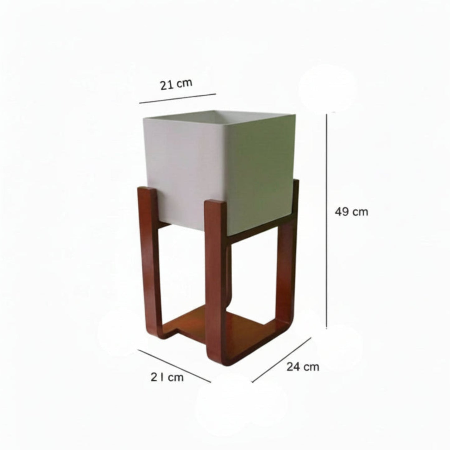 White planter on a wooden stand with dimensions labeled