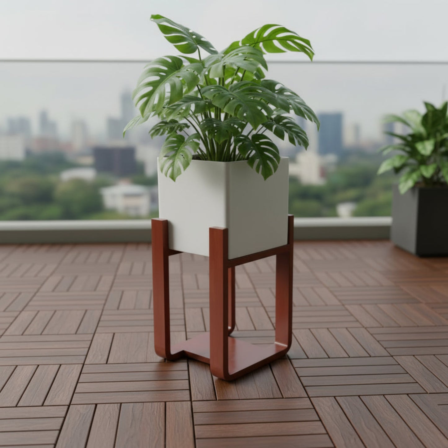 Mid-Century Square Cube Floor Planter With Curved Stand