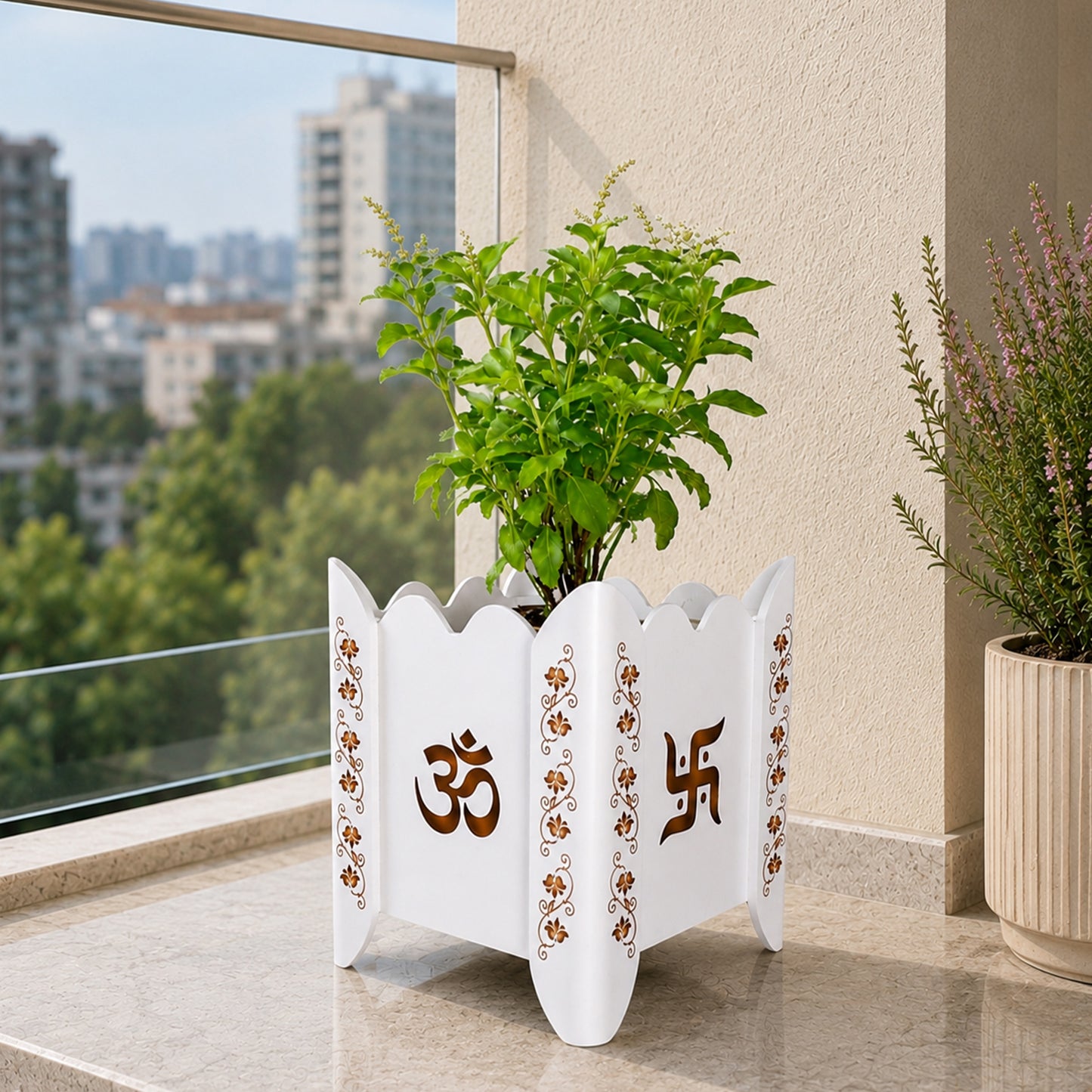 Divyam Handcrafted Vrindavan Tulsi Planter Pot with Lotus Motif (D1)