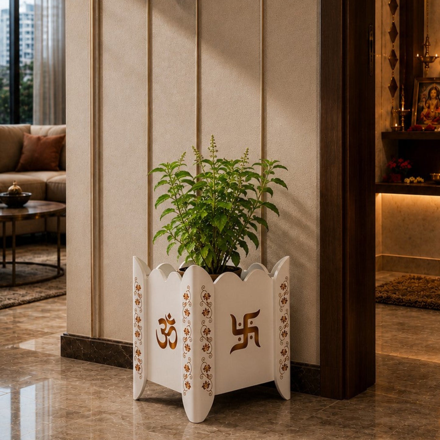 Divyam Handcrafted Vrindavan Tulsi Planter Pot with Lotus Motif (D1)