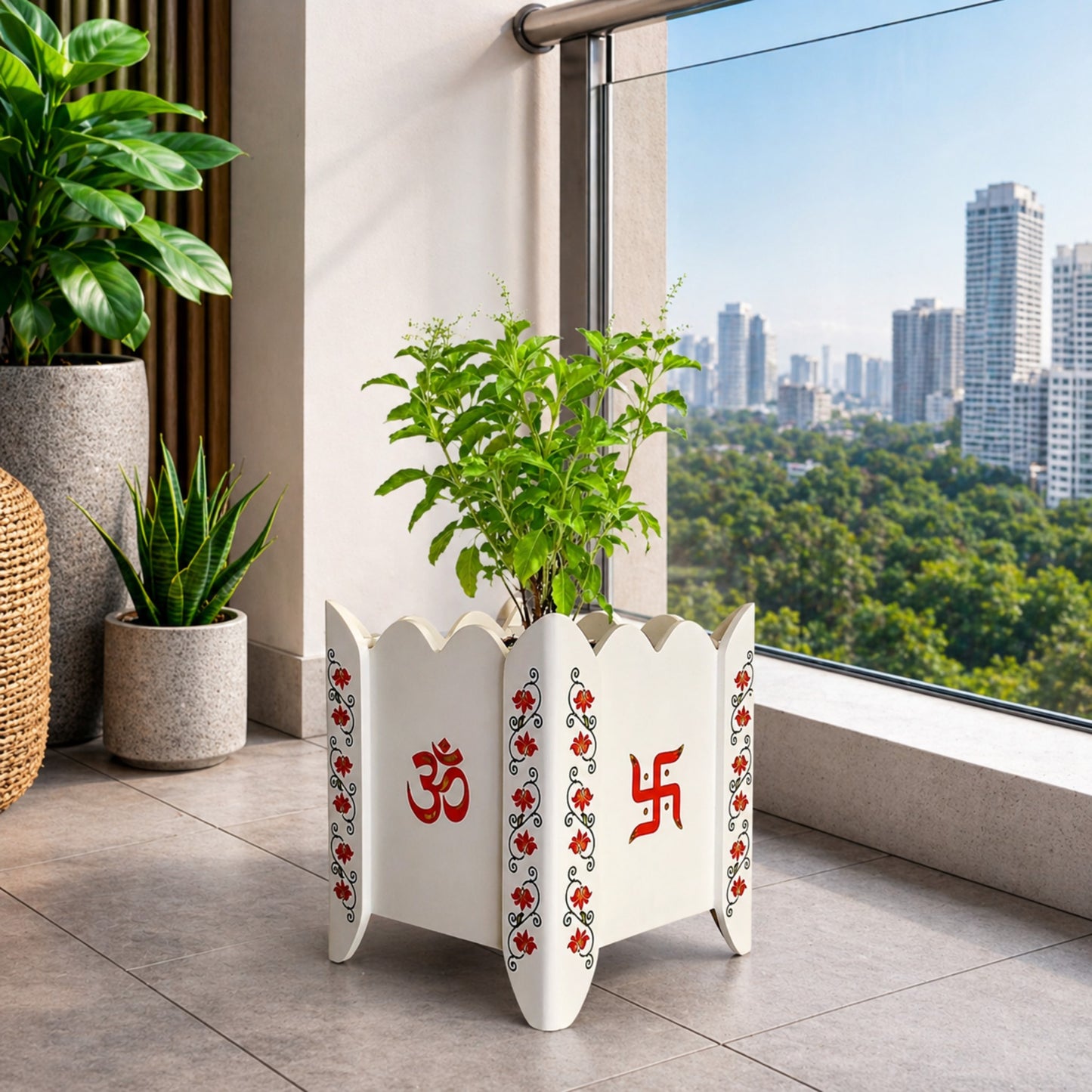 Divyam Handcrafted Vrindavan Tulsi Planter Pot with Lotus Motif (D1)