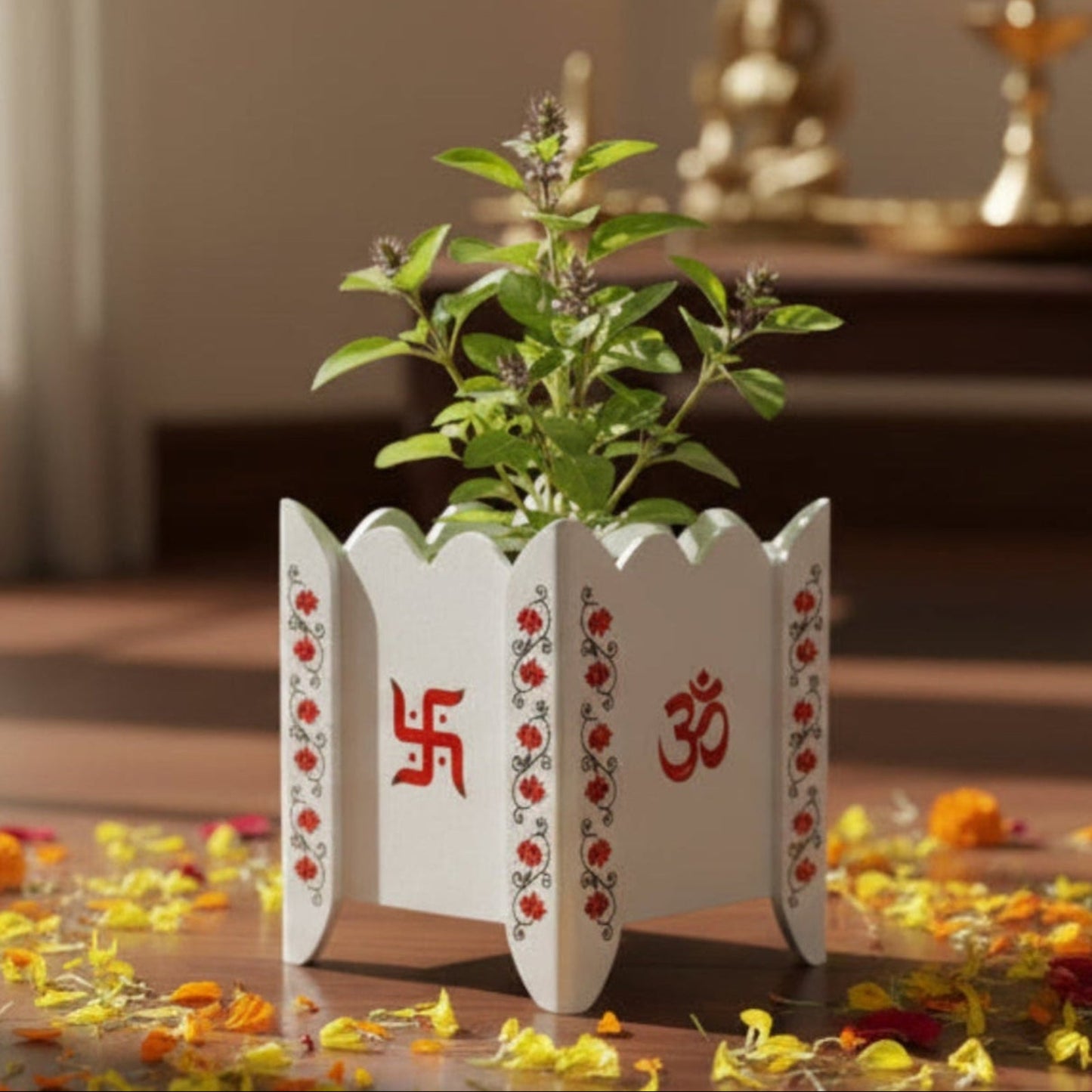 Divyam Handcrafted Vrindavan Tulsi Planter Pot with Lotus Motif (D1)
