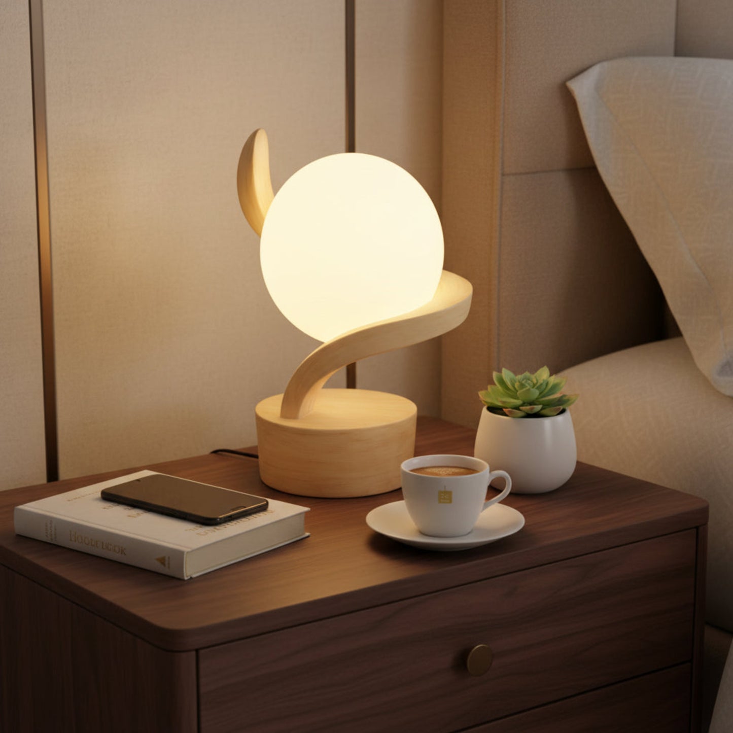 Luna Curve Artistic Wooden Table Bedside Globe Lamp