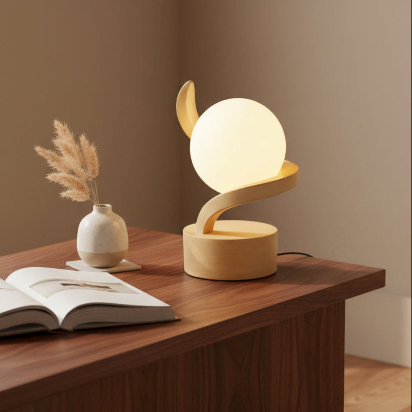 Luna Curve Artistic Wooden Table Bedside Globe Lamp