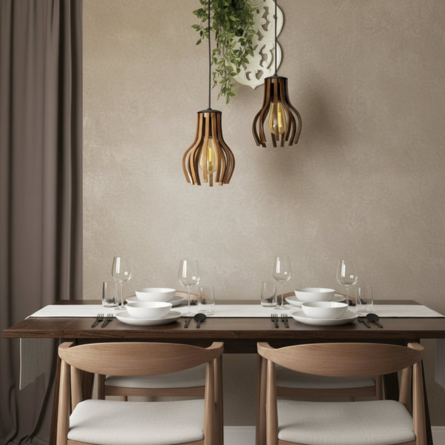 Helix Duo Curved Wood Ceiling Pendant Lighting Fixture (Set of 2 )