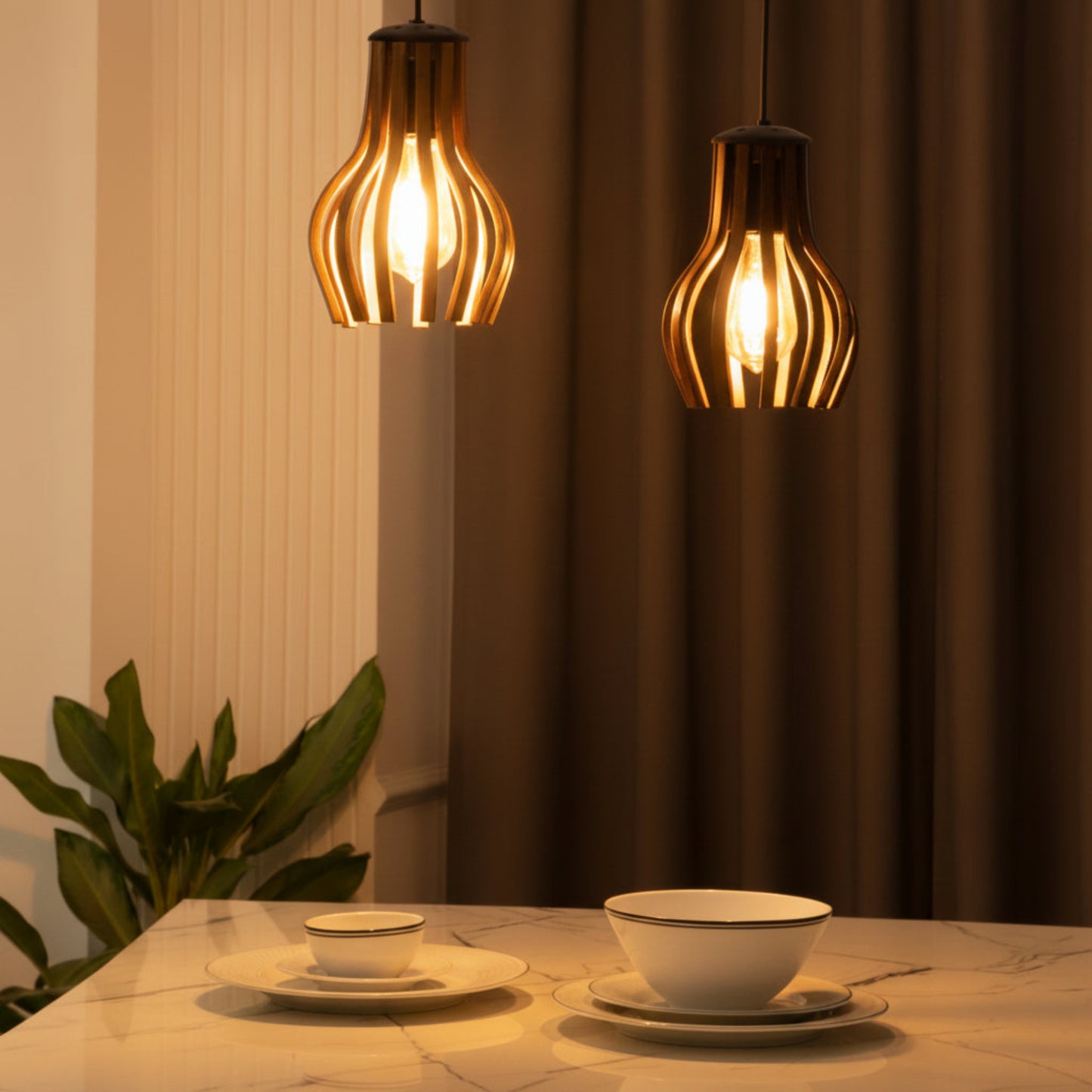 Helix Duo Curved Wood Ceiling Pendant Lighting Fixture (Set of 2 )