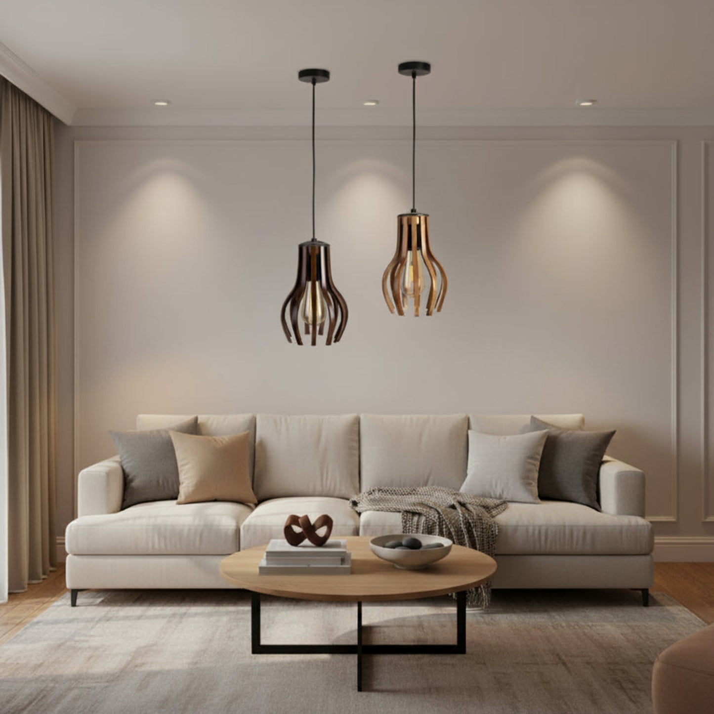 Helix Duo Curved Wood Ceiling Pendant Lighting Fixture (Set of 2 )