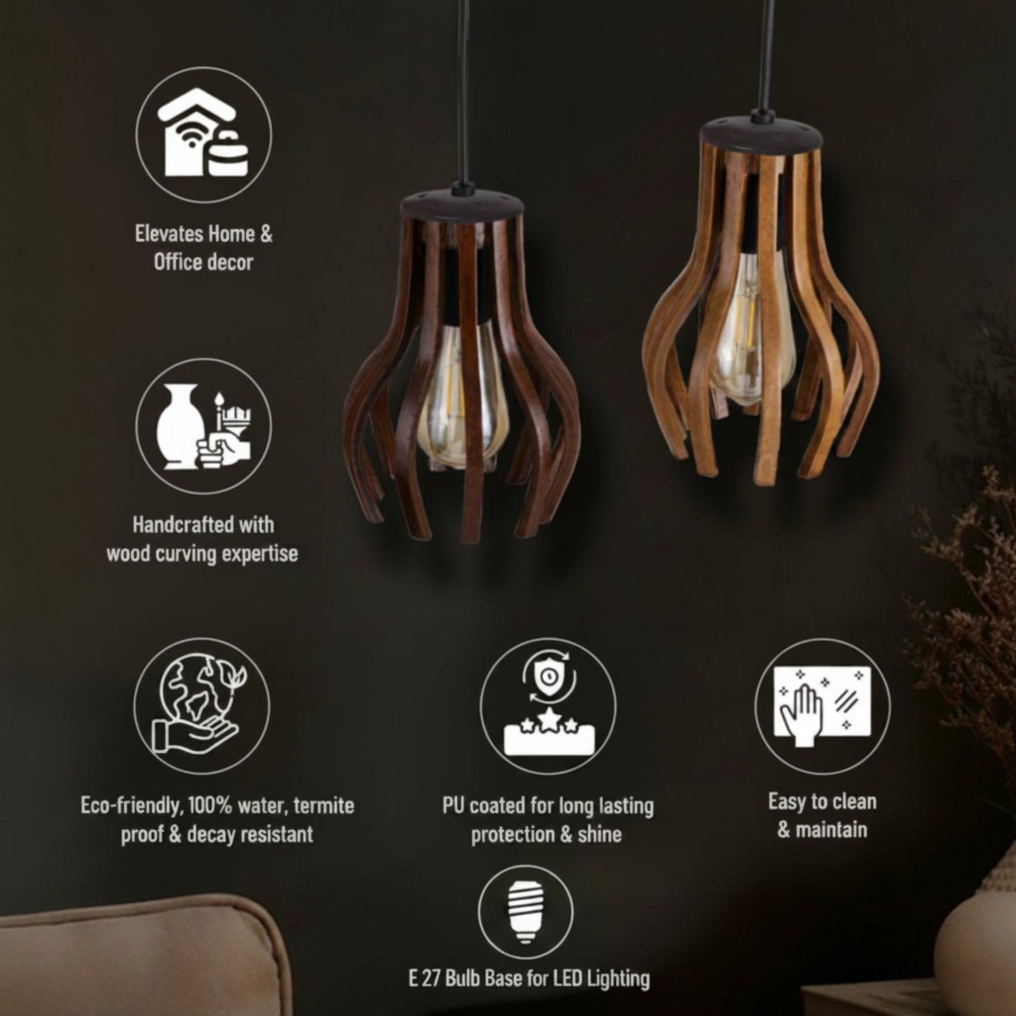 Helix Duo Curved Wood Ceiling Pendant Lighting Fixture (Set of 2 )