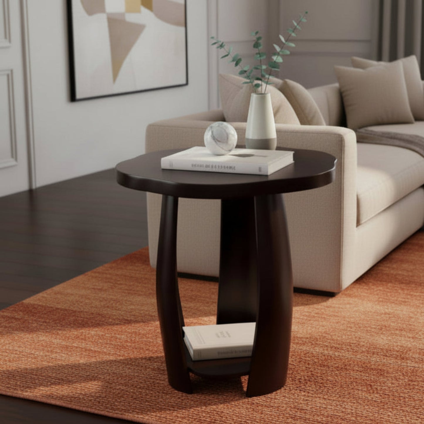 Petal Flow Curved Wooden Side Table With Bottom Shelf