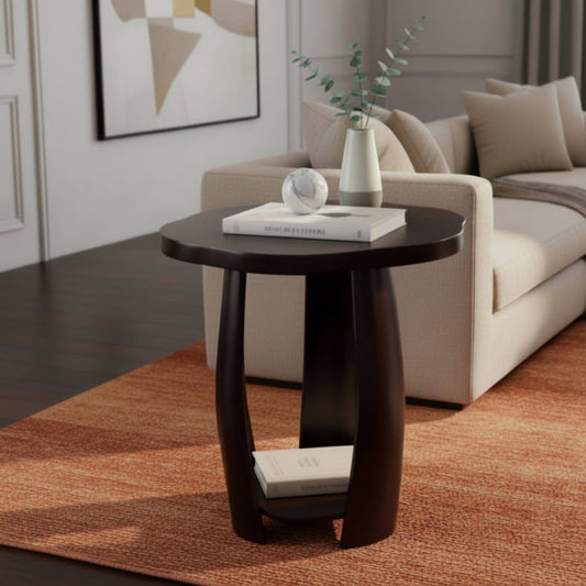 Petal Flow Curved Wooden Side Table With Bottom Shelf