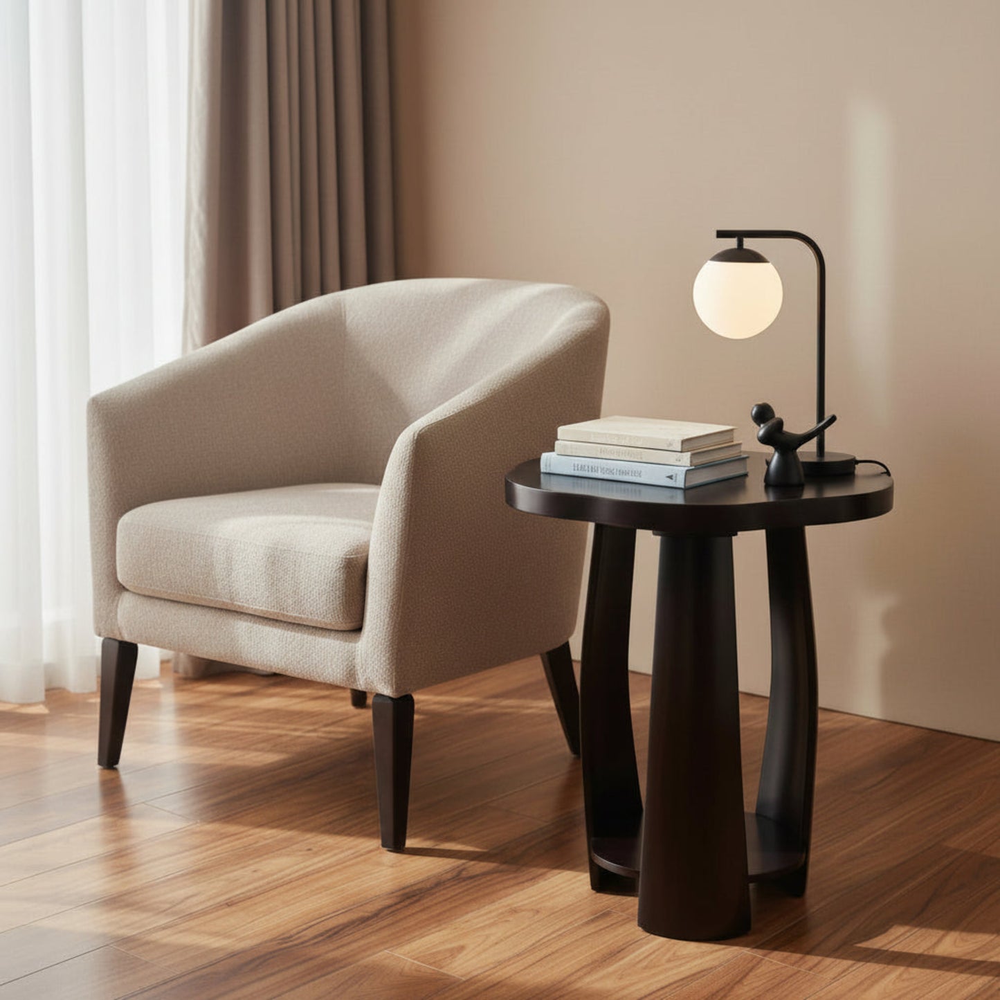 Petal Flow Curved Wooden Side Table With Bottom Shelf