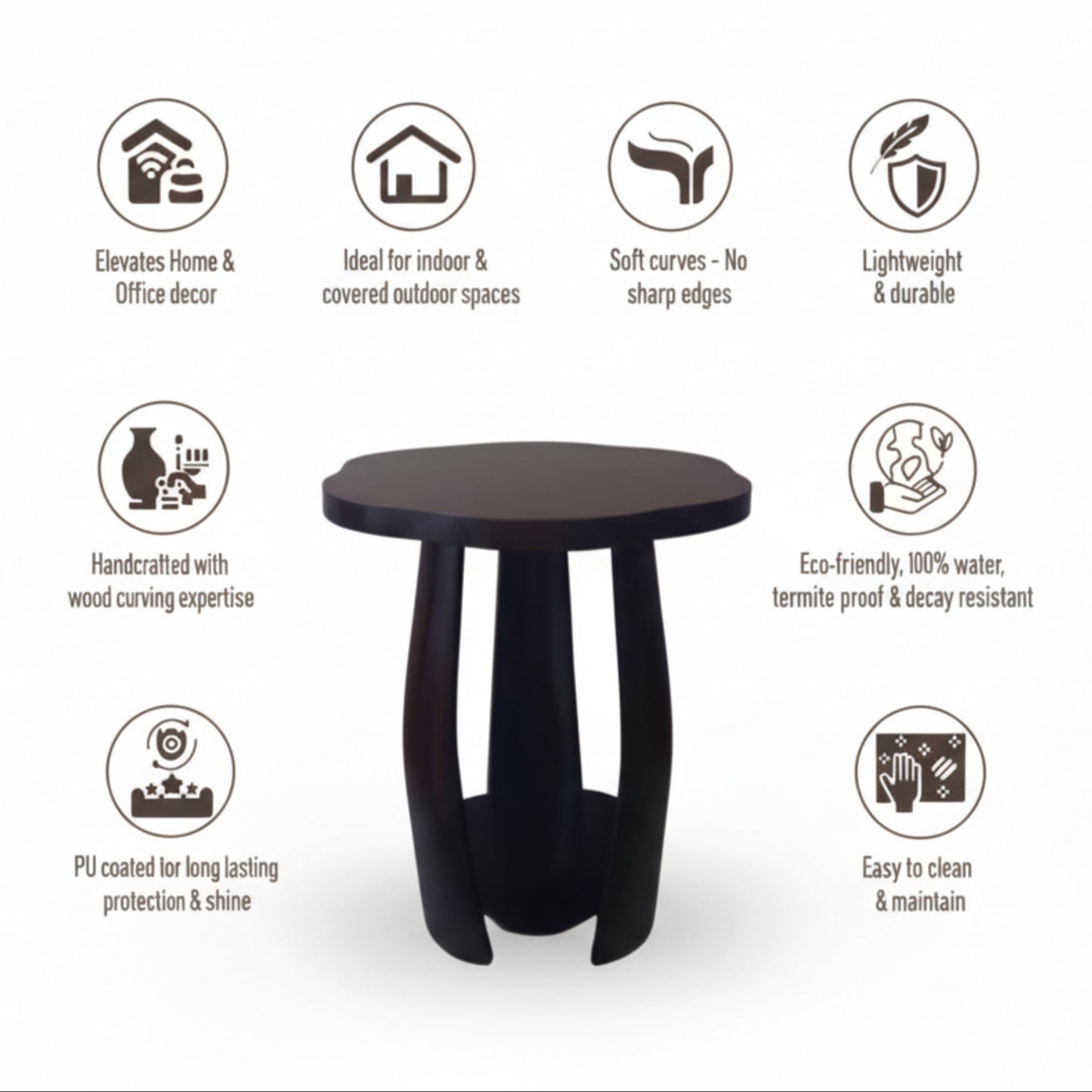 Petal Flow Curved Wooden Side Table With Bottom Shelf