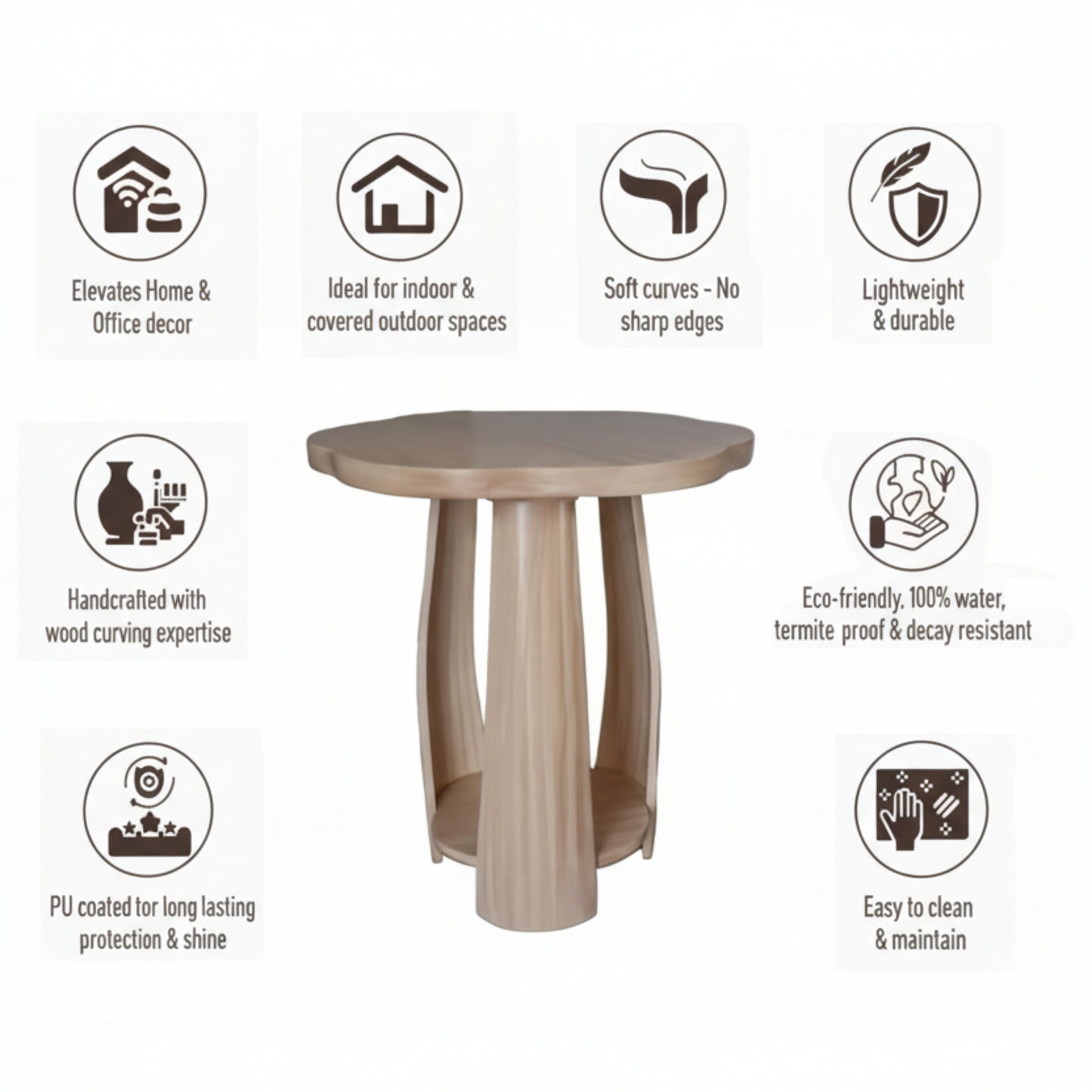 Petal Flow Curved Wood Side | End Table With Bottom Shelf