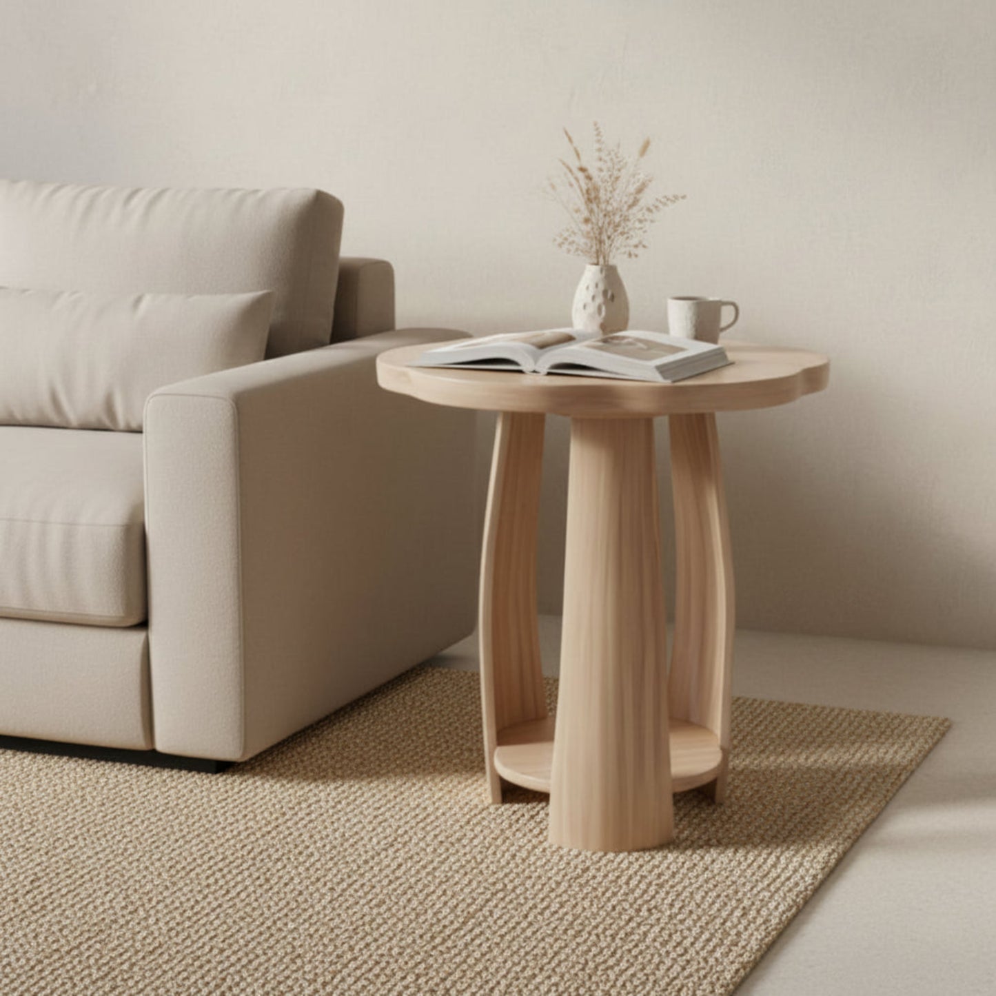 Petal Flow Curved Wooden Side Table With Bottom Shelf