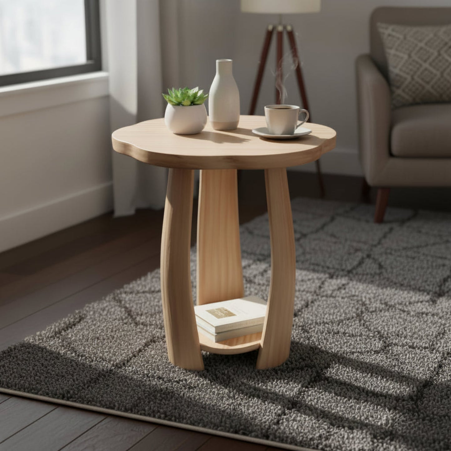 Petal Flow Curved Wooden Side Table With Bottom Shelf