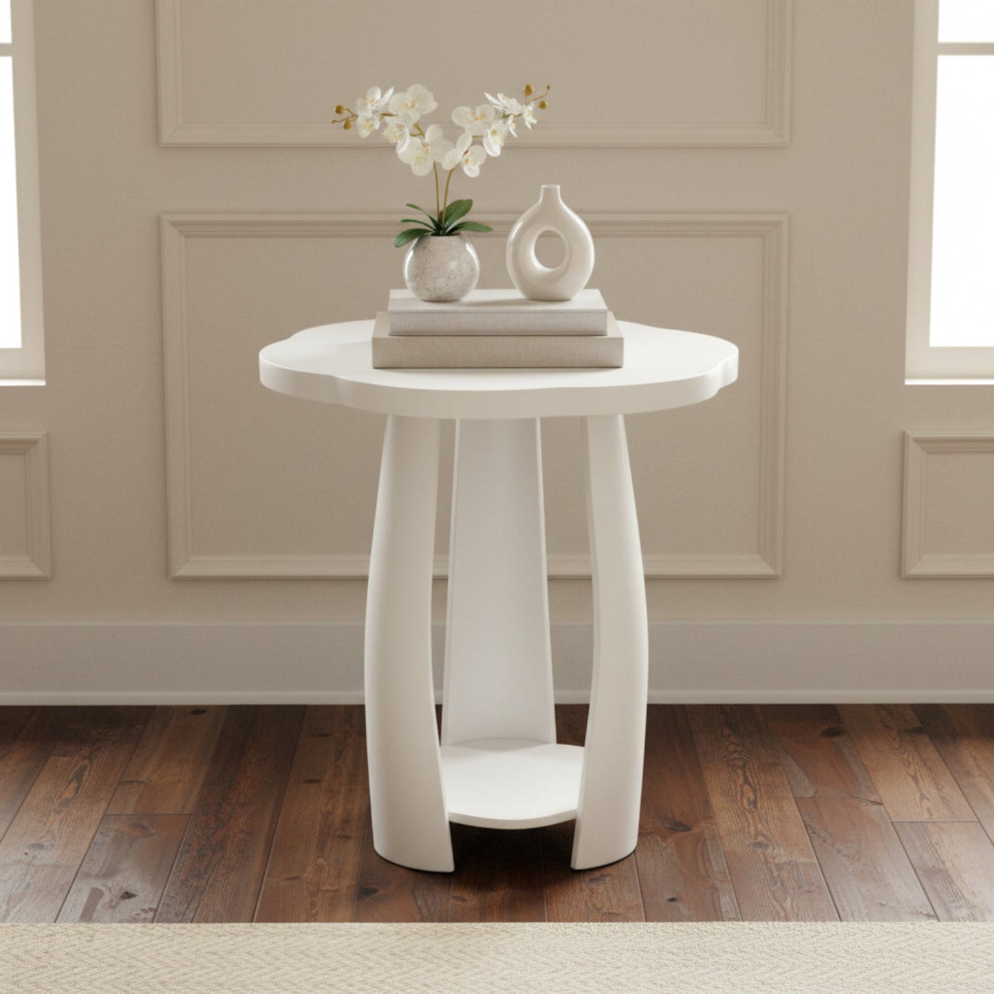 Petal Flow Curved Wooden Side Table With Bottom Shelf