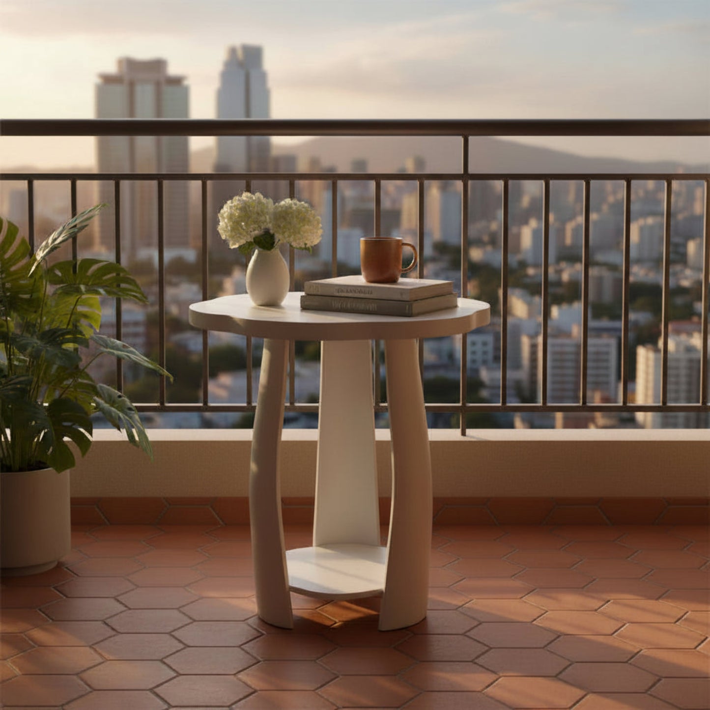 Petal Flow Curved Wood Side | End Table With Bottom Shelf