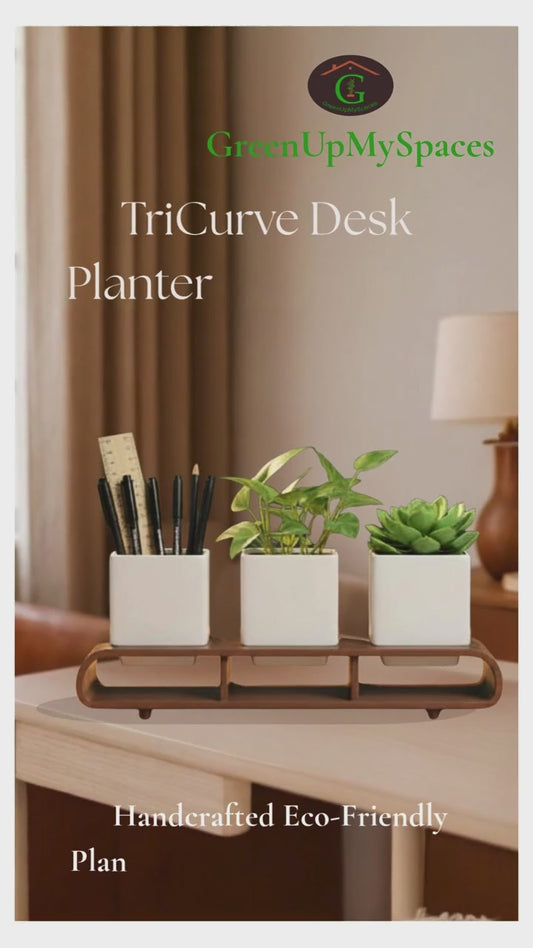 Trio Square Dark Brown Curved Decorative Planter Set And Desk Organizer