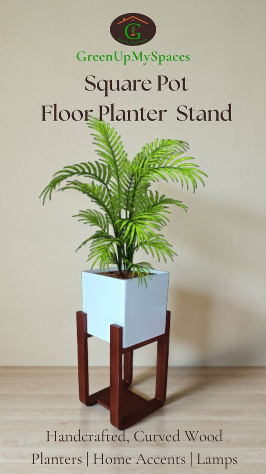 Mid-Century Square Cube Floor Planter With Curved Stand