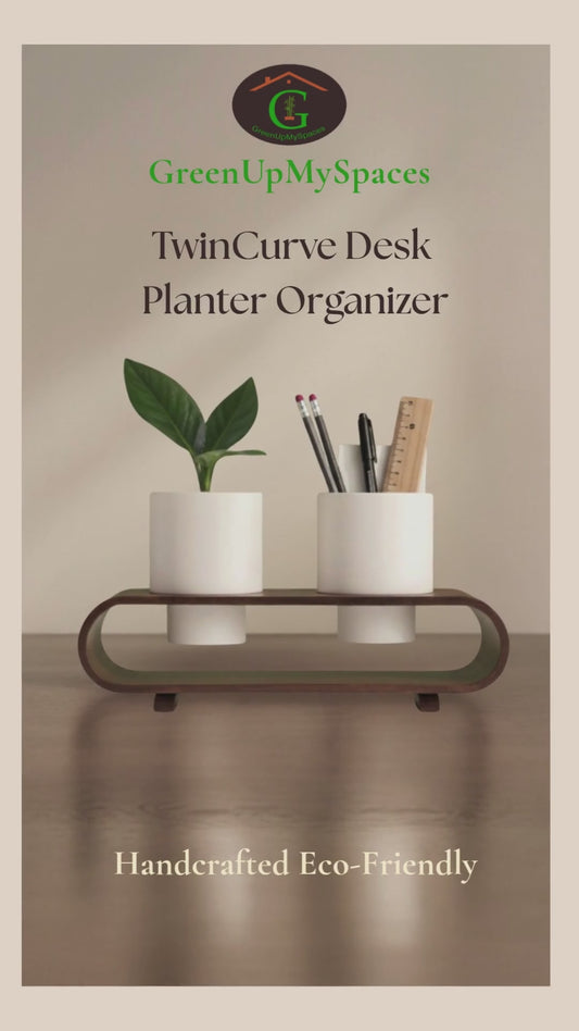 Twin Duo Dark Brown Round Plant Pot Set And Desk Organizer With Curved Stand